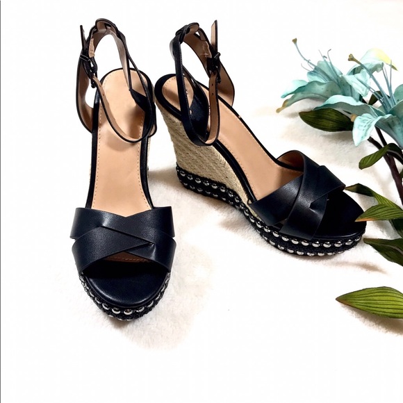 Black Studded Espadrilles Wedge Sandals - Picture 2 of 5